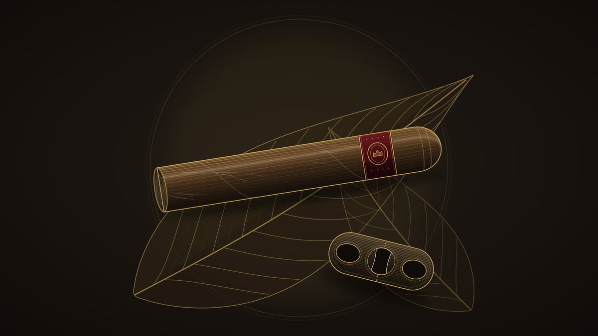 Engraved-style illustration of a banded cigar resting across a tobacco leaf, with a double-blade guillotine cutter beside it, in gold linework on a dark background.