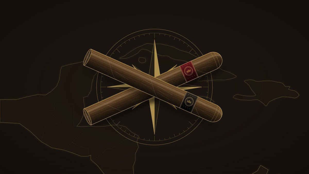Two crossed cigars, one with a burgundy band and one with a black band, over an engraved compass rose and a faint chart of the Caribbean.