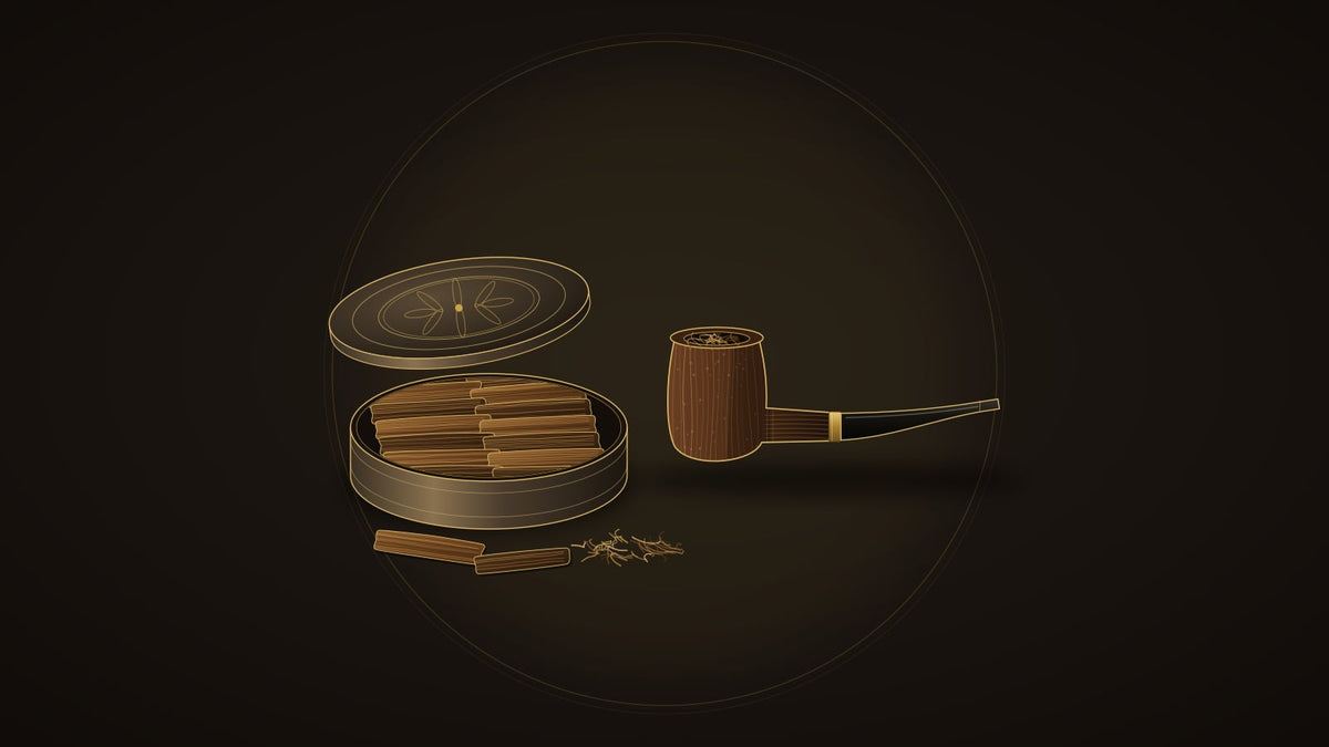 Illustration of an open round tobacco tin packed with flake, its lid propped behind it, a few loose flakes and strands, and a briar pipe with a vulcanite stem and brass band.