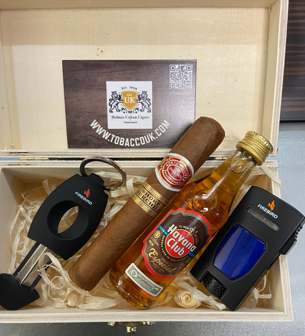 Romeo Short Churchill in a wooden box presented with Colibri lighter, Colibri v cutter and a 5cl Havana especial Anejados rum